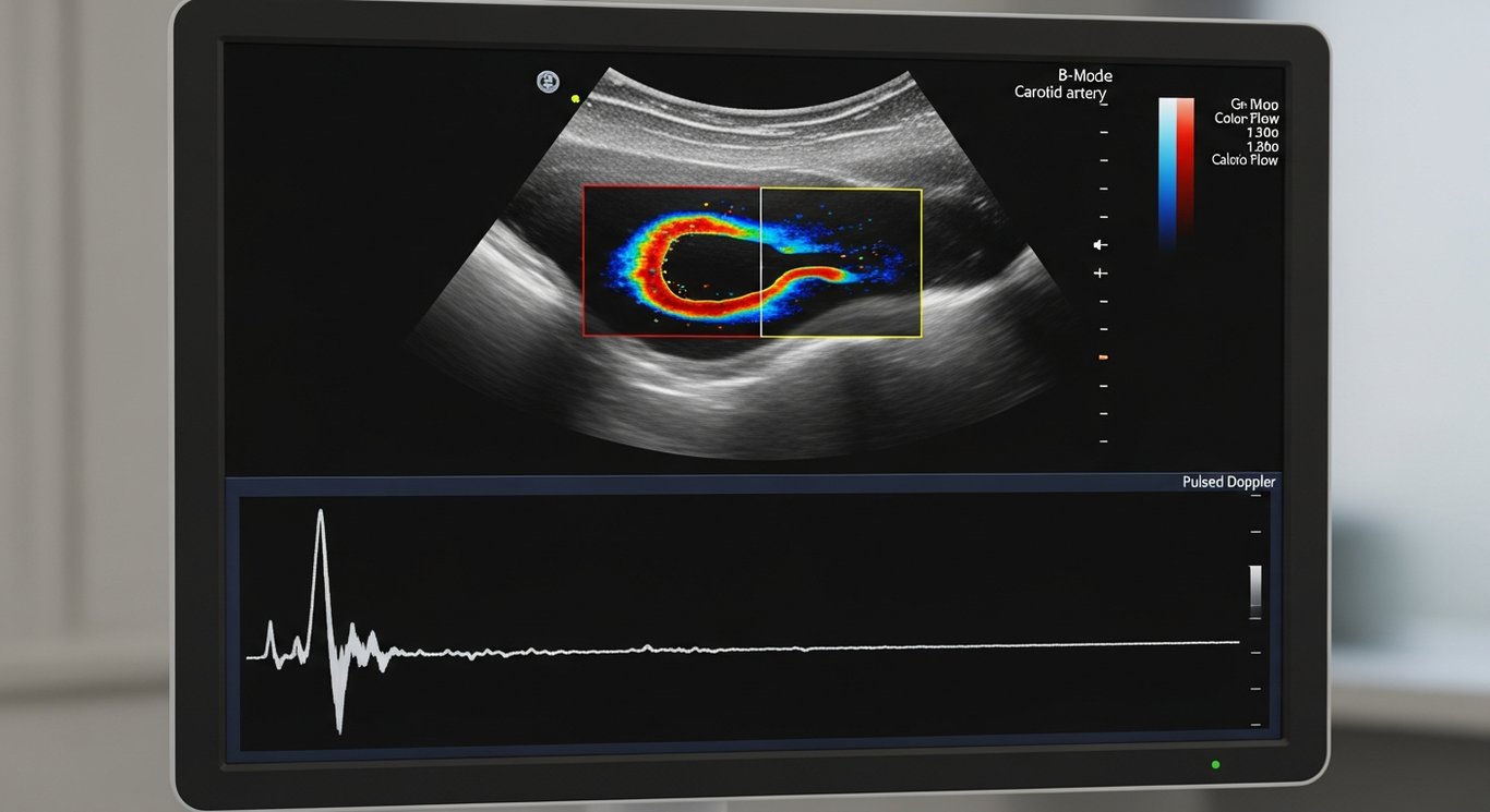Farbkodierte Duplexsonographie (FKDS) — Color-Doppler-Flussbild einer Karotis mit rot-blauer Farbkodierung auf B-Bild und spektralem Doppler-Signal