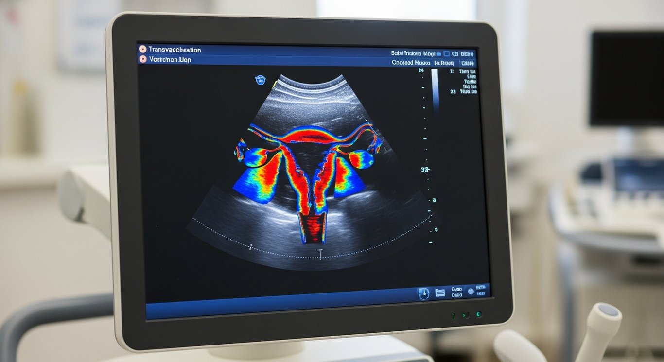 Vaginaler Ultraschall — transvaginaler Farbdoppler des Uterus mit Darstellung der Vaskularisation